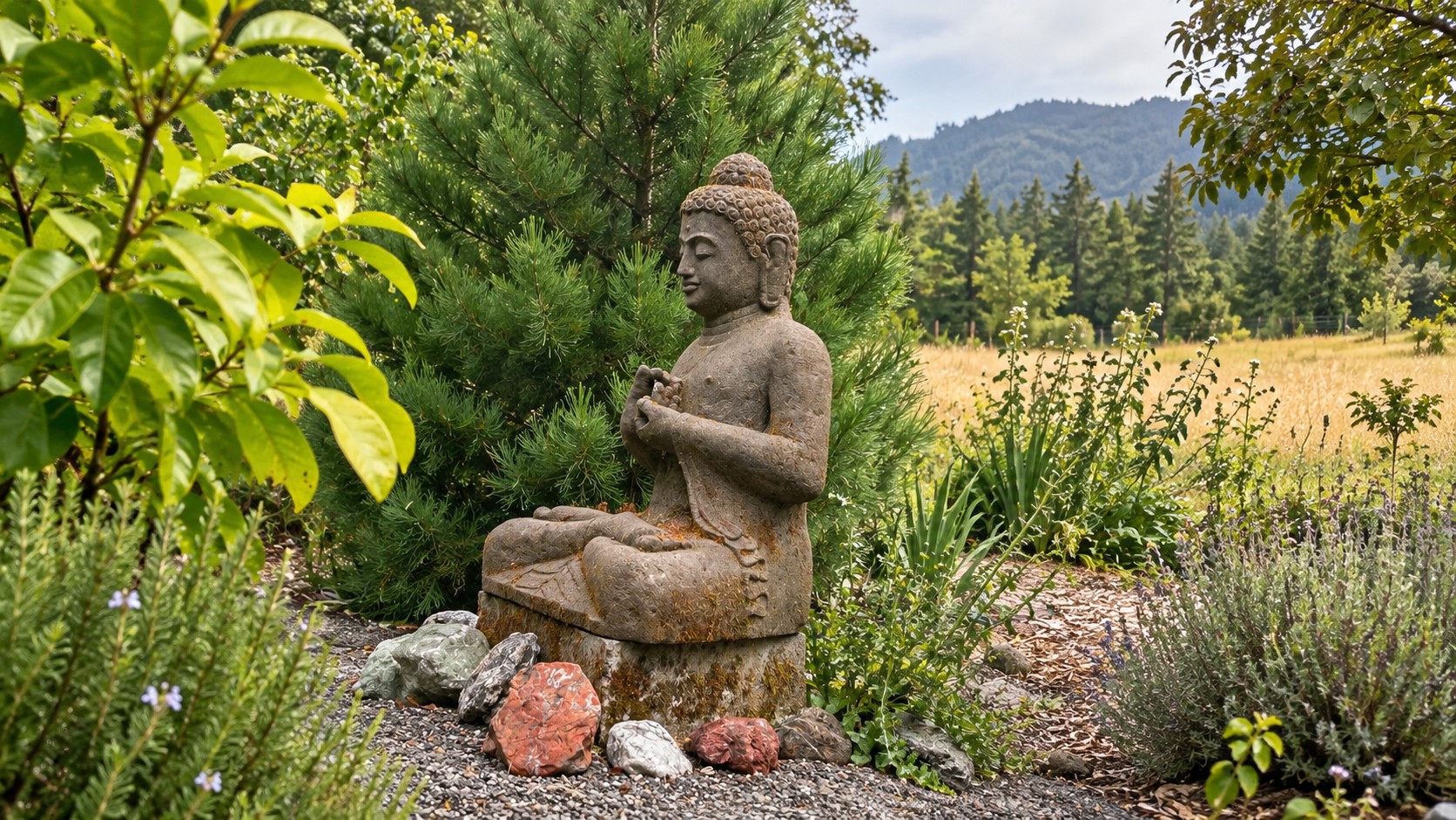 Stone Buddha statue in the garden at Humboldt Experience Farmstay